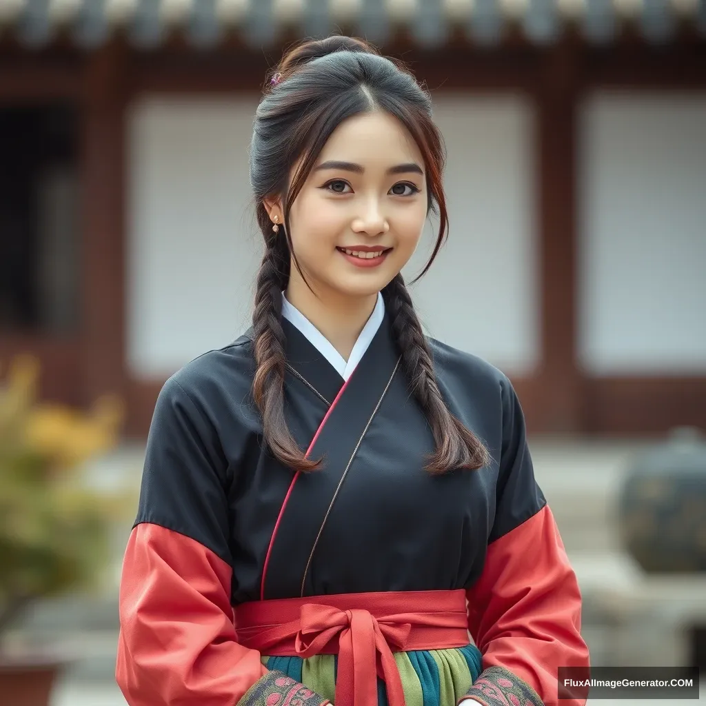 Photo of a cute Korean woman in her 20s wearing a hanbok, with a defocused background.