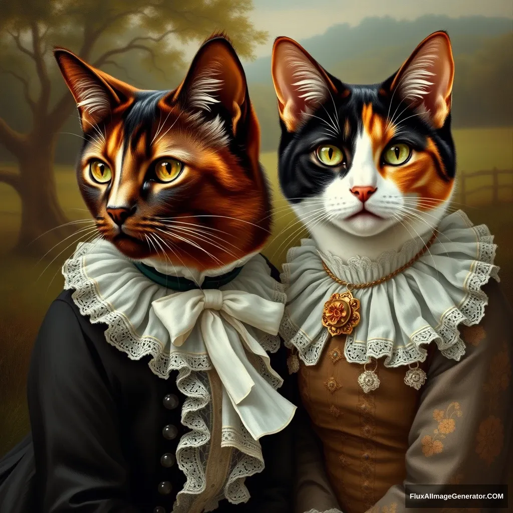 Portrait of two cat sisters; one has a light stripe down her nose, her fur is dark brown with orange and a little white patches. They are wearing fancy Victorian clothing, and the background is pastoral. - Image