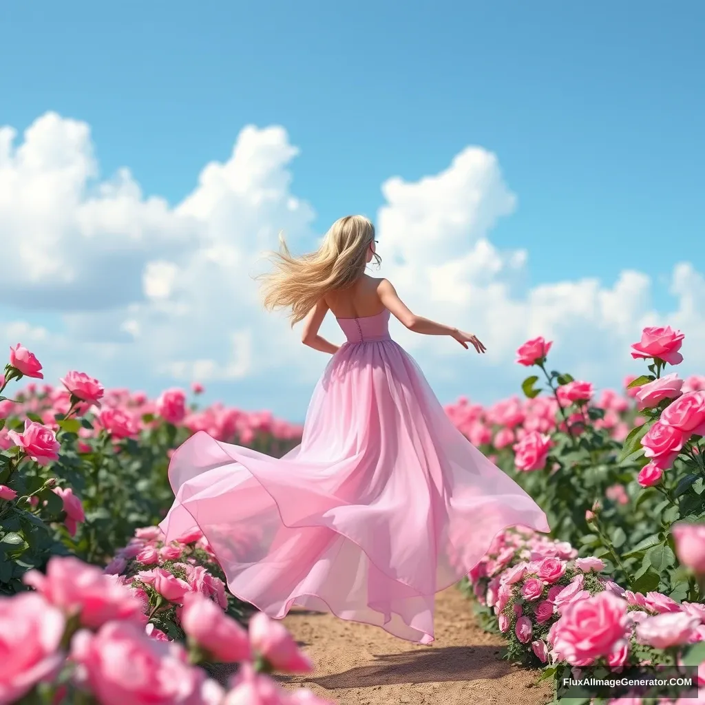 A mermaid girl wearing a transparent pink chiffon dress running in a rose garden, with a blue sky and white clouds, a solid color background, Picas style, 3D rendering, natural light, high-definition picture quality, 8k, -- niji 6 - Image