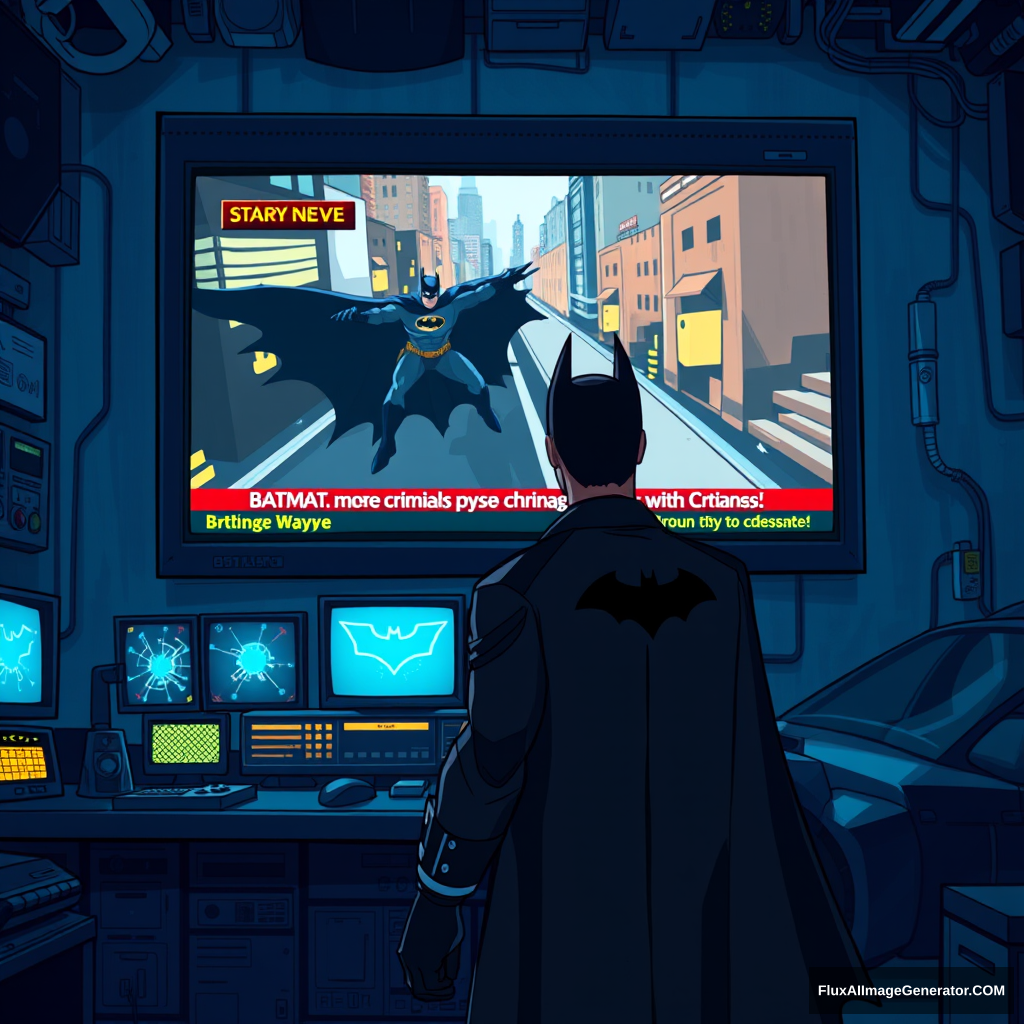 Bruce Wayne, dressed in his signature dark suit, stands in front of a massive computer screen inside the dimly lit Batcave. The screen displays a news broadcast showing Batman, mid-chase, pursuing criminals through the city. The Batcave is filled with high-tech gadgets, glowing monitors, and the iconic Batmobile in the background. The scene is depicted in a cartoon animated style, with exaggerated features, vibrant colors, and dynamic lighting that highlights the intensity of the moment. - Image