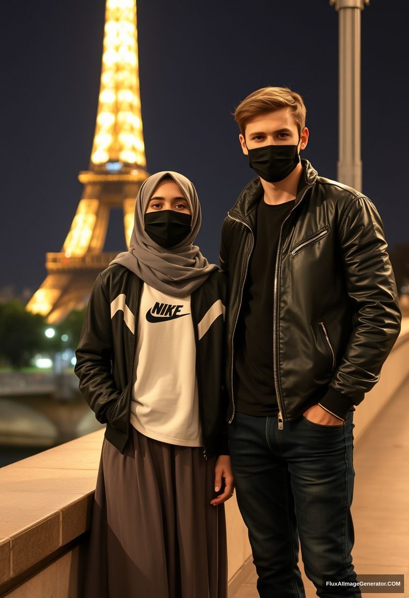 Jamie Dornan, youngest, black face mask, collage jacket, Nike t-shirt, jeans, tall man, fit body,

Dating, love with the biggest grey hijab Muslim girl, beautiful eyes, black face mask, leather jacket, biggest longest skirt, cute short girl,

standing by a wall, an Eiffel Tower, night scenery, hyper-realistic, photorealistic, street photography. - Image