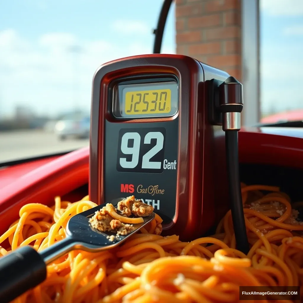 "Pasta mixed with 92 octane gasoline." - Image