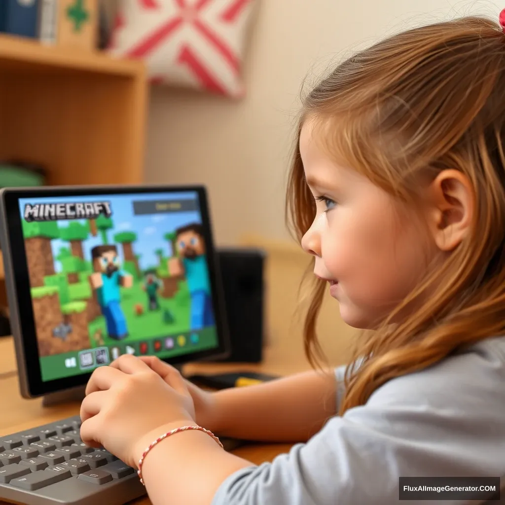 A little girl is playing the Minecraft video game. - Image