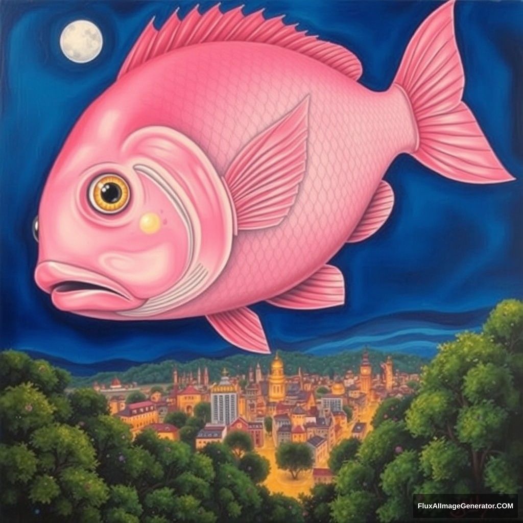 1. **Medium**: This image is a painting, characterized by its vibrant colors and surreal composition. The use of oil or acrylic paint is evident in the smooth textures and detailed rendering of both the fish and the surrounding landscape.

2. **Details and Style**: The painting features a giant pink fish that dominates the upper portion of the canvas, with intricate detailing on its scales and expressive eyes. Below, a bustling city with warm, glowing lights is nestled among lush trees. The composition balances the fantastical fish with the realistic depiction of urban life, creating a whimsical yet cohesive scene. The background is a deep blue night sky, highlighted by a full moon, enhancing the dreamlike quality.

3. **Mood and Setting**: The overall mood is magical and contemplative, evoking a sense of wonder. The juxtaposition of the enormous fish and the serene city reflects themes of nature intertwined with human existence. References to folklore or dreams are suggested, inviting viewers to explore the narrative possibilities within this enchanting setting. The scene feels both tranquil and mysterious, encouraging a sense of exploration and imagination. - Image