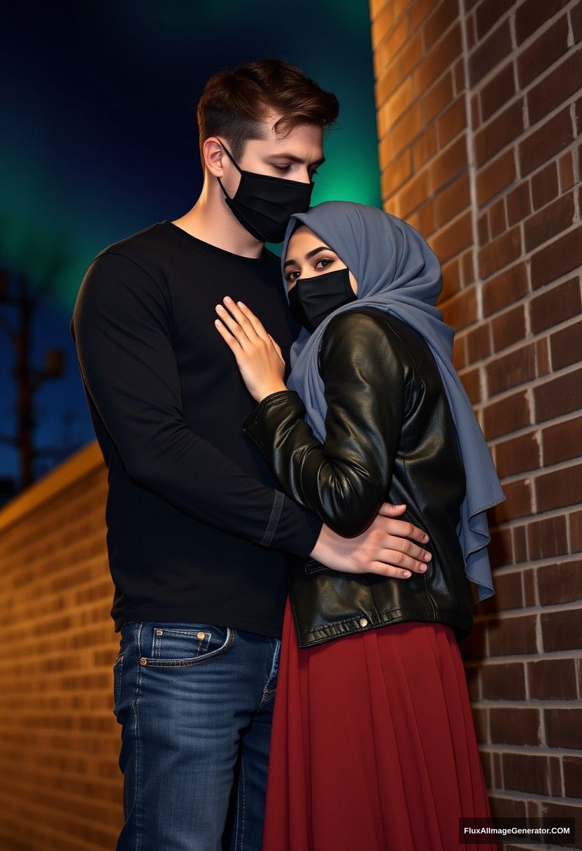 Jamie Dornan, tall, young, wearing a black face mask, playboy black long sleeve t-shirt, jeans,

dating romantically with a grey hijab Muslim girl, beautiful eyes, black face mask, leather jacket, wearing the longest and largest skirt, not a tall girl,

laying on his shoulder, hugging from the back, persuaded him, near a brick wall, in town, photorealistic, street photography, night scenery, aurora borealis. - Image