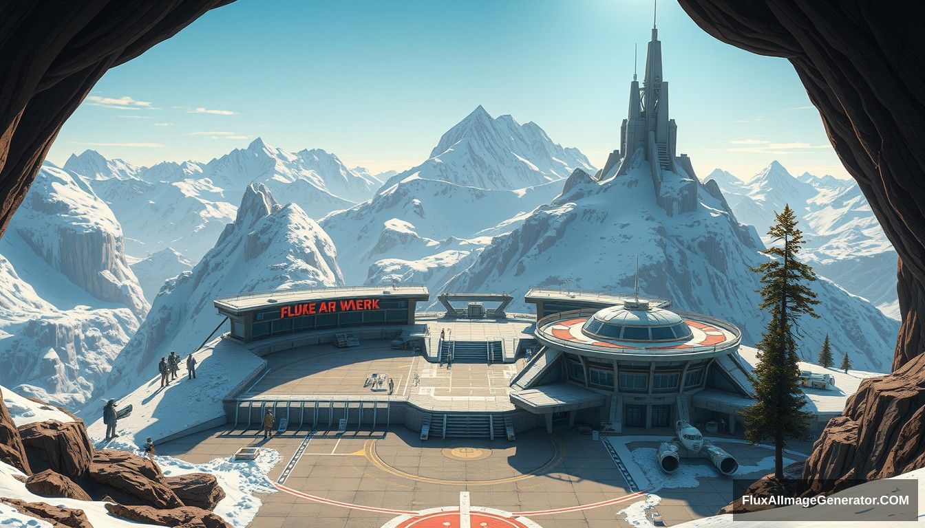 Cel shaded art, wide shot, a sci-fi center on the top of a snow mountain, open air, close look, cyberpunk, military base, Star Wars style, indoor, patio, morning, sunlight, fortress, mountain, rock, snow, tarmac, parking apron, cave, tree, landing field, cliff, round shape, tower. - Image