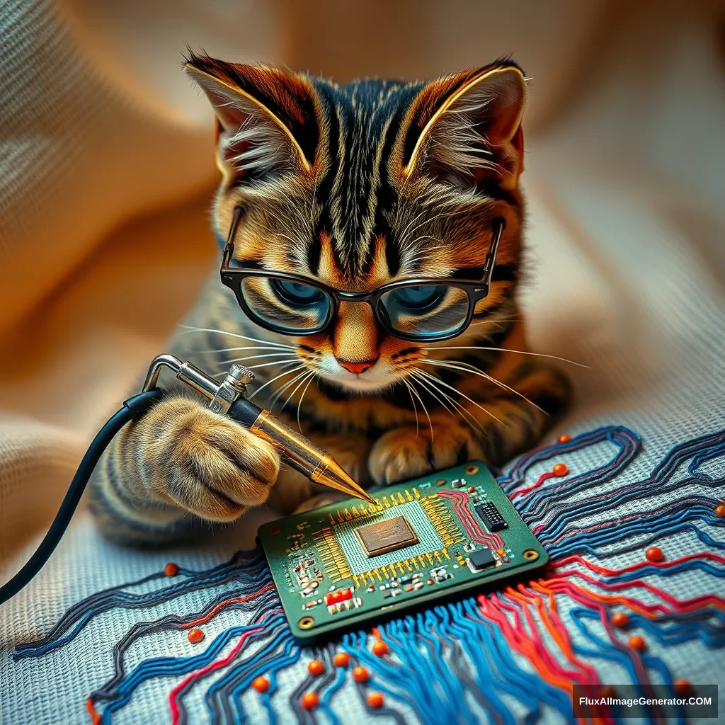 A mischievous tabby cat, wearing tiny spectacles, meticulously solders a circuit board with a miniature iron. Vibrant threads weave intricate patterns, mimicking electronic pathways. Soft fabric backdrop, warm lighting. Delicate French knots form components. Style: Hyper-realistic embroidery art, blending traditional craftsmanship with modern technology. - Image