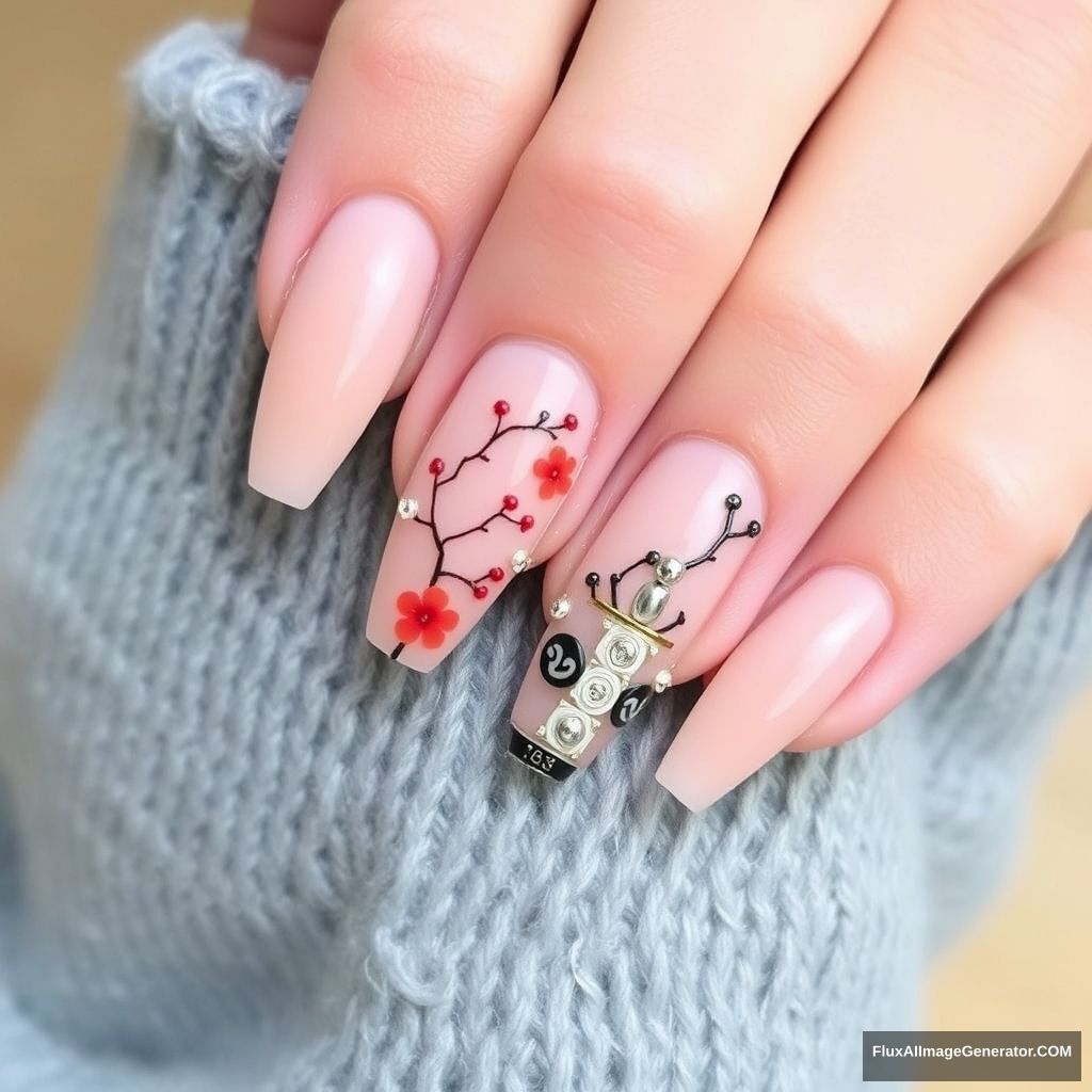 Design a nude nail art with Japanese elements and small steel beads. - Image