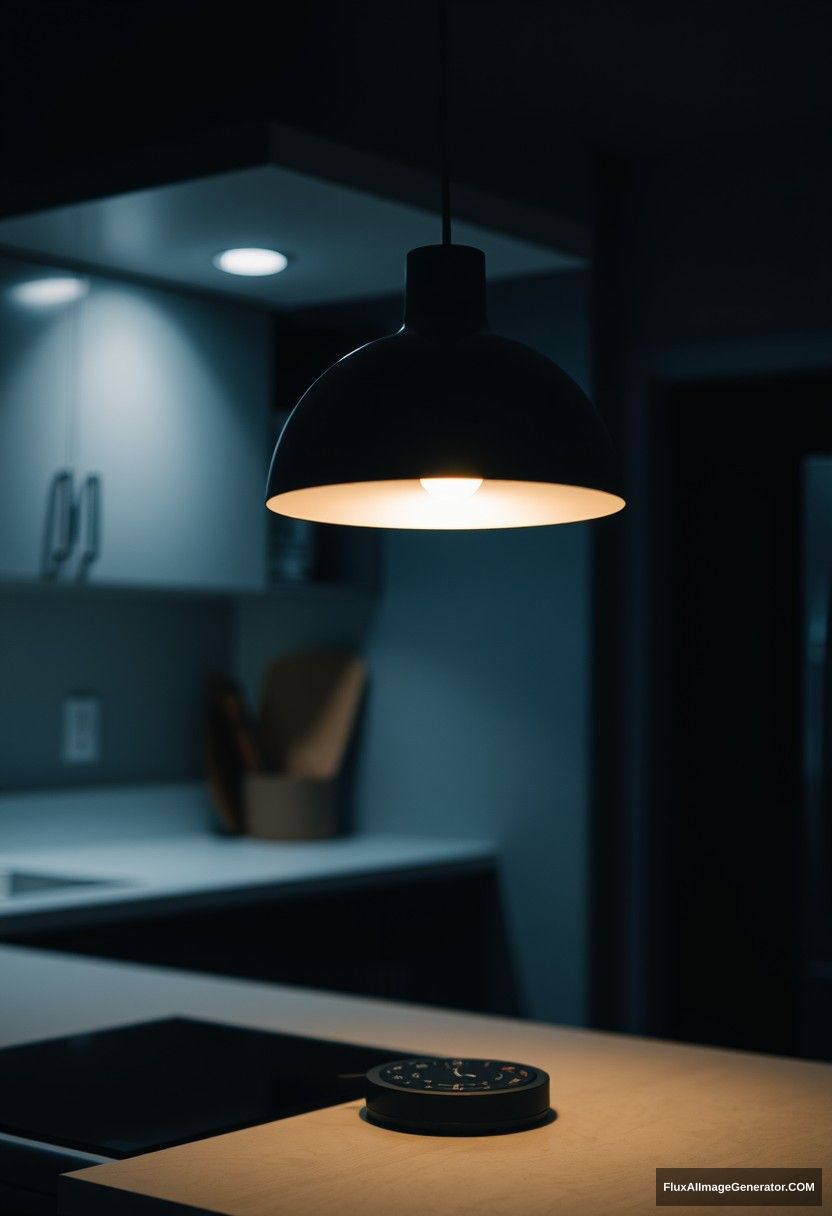 At the modern kitchen, at midnight, a gloomy lighting lamp.