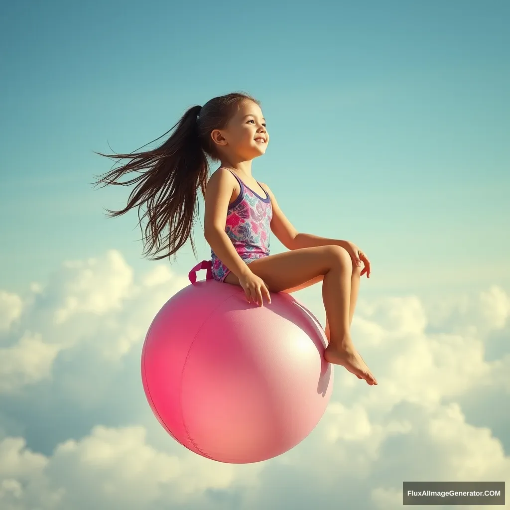 "Create a photo: A girl is wearing swimwear and sitting on a gymnastic ball. She is flying through the clouds."