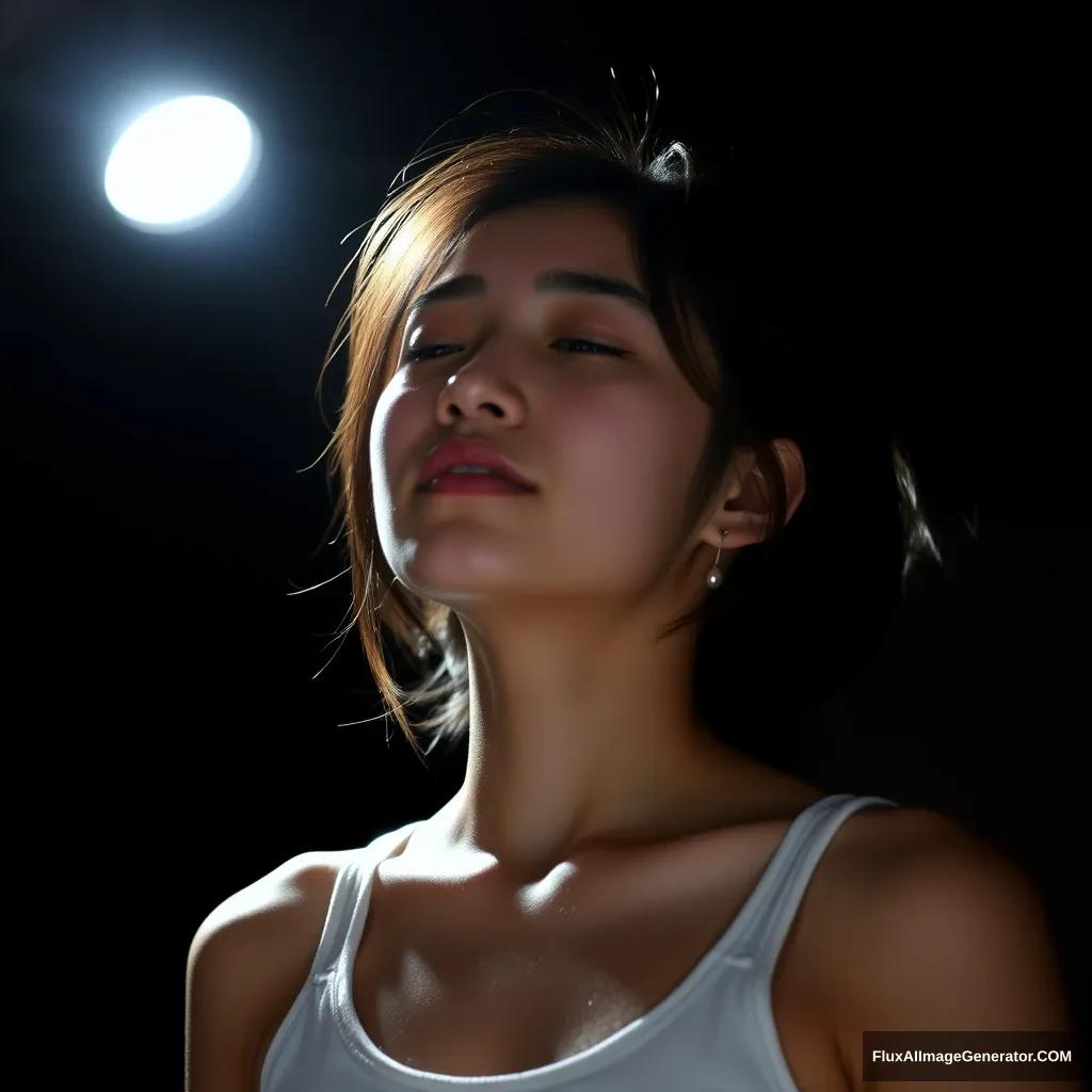 Background: Black background and a beam of light overhead, soft lighting. Light focused on the girl's face, a 21-year-old girl, Asian face. The girl was wearing a tank top. 4k. She closed her eyes and was listening to music.