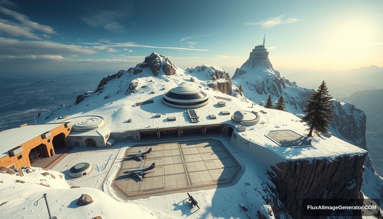 Cel shaded art, wide shot, 45-degree angle shot, a sci-fi center on the top of a snow-covered mountain, open air, close look, cyberpunk, military base, Star Wars style, indoor, patio, morning, sunlight, fortress, mountain, rock, snow, tarmac, parking apron, cave, tree, landing field, cliff, round shape, tower.