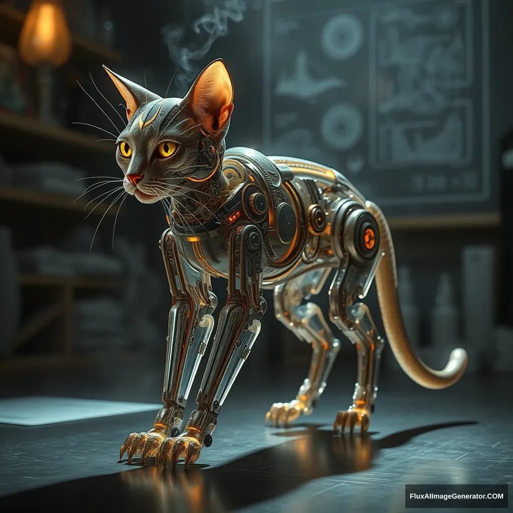 A biomechanical feline, its translucent legs revealing intricate gears and pulsing circuits, stands poised in a dimly lit laboratory. Hyper-realistic rendering captures every whisker, metallic sheen, and flowing wire. Steam rises, mixing with holographic blueprints. Shadows dance, echoing Da Vinci's anatomical studies.