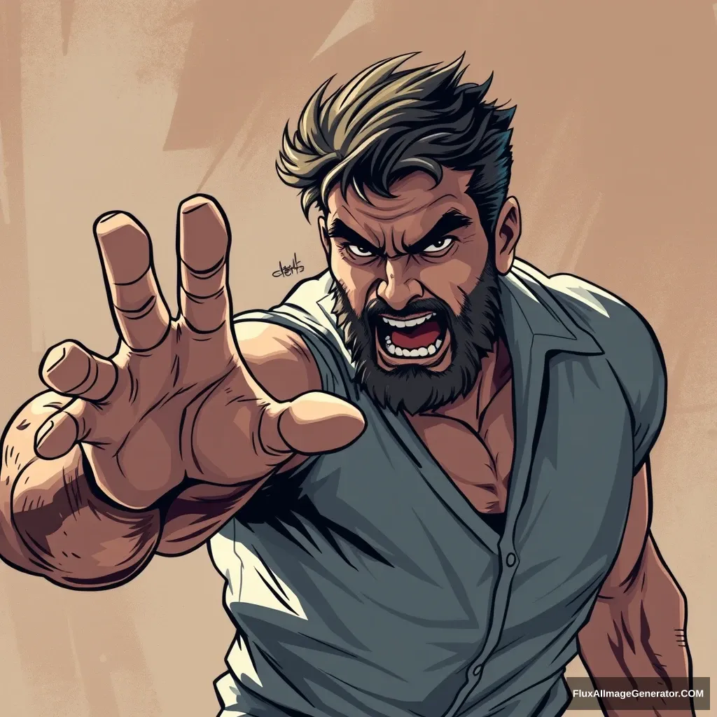 Cel shaded art, a strong man is trying to grab something, hand open. - Image