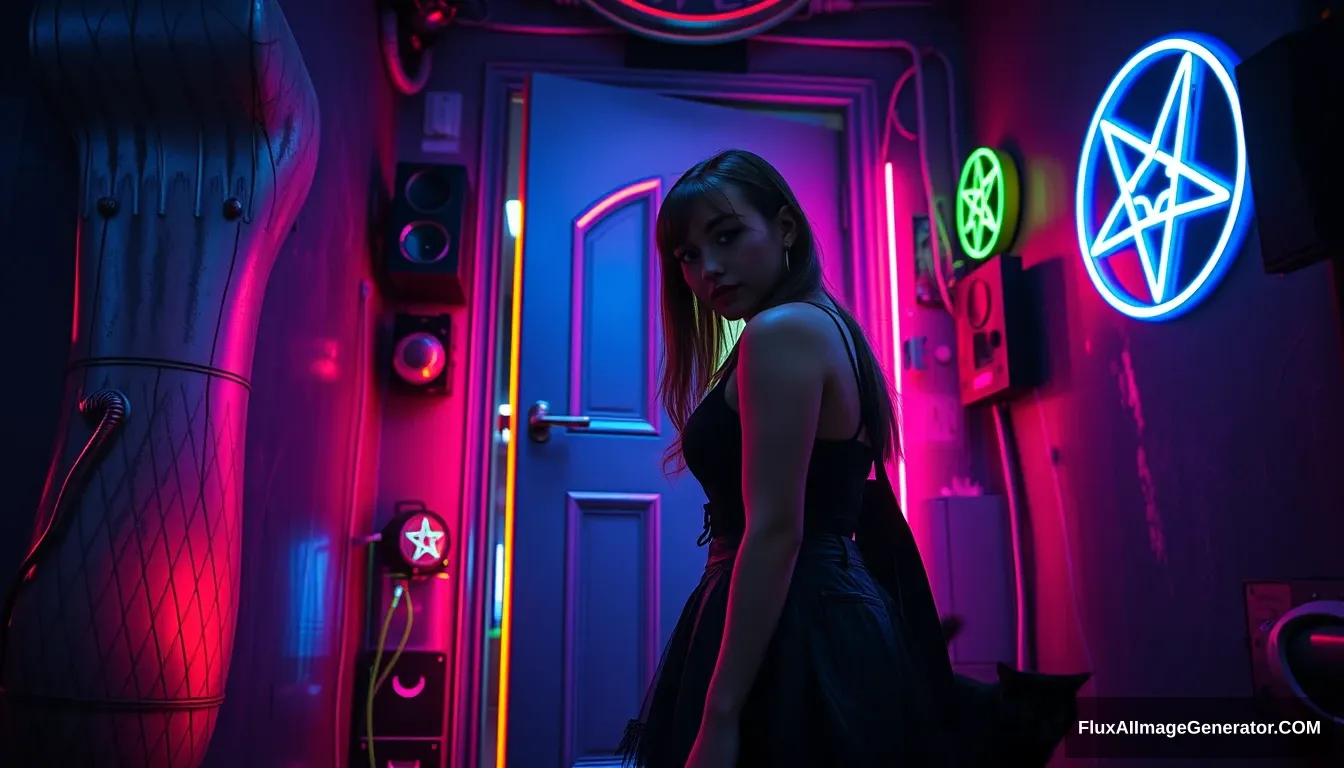 Portrait of a beautiful goth woman stepping through a glowing door into a dimly lit cyberpunk room with vibrant neon hues reflecting off metallic surfaces, neon pentagrams on the walls, and a black cat lurking. - Image