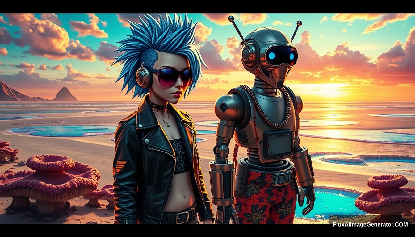 A striking, high-contrast scene showcases a punk girl with electric blue spiky hair and a leather jacket, alongside a retro-futuristic robot in Hawaiian shorts, set against a surreal alien beach with iridescent fungi and shimmering lakes under a vibrant sky.