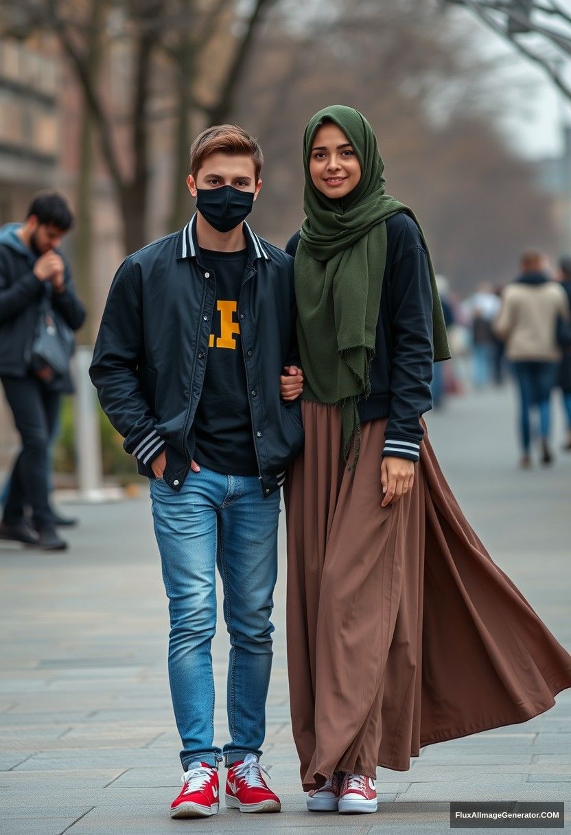 Jamie Dornan, young, black face mask, capital A collage jacket, jeans, red sneakers, dating love romantic with the biggest army green hijab, beautiful eyes, black face mask, college jacket, the biggest longest skirt, photorealistic realistic, street photography, full photography. - Image