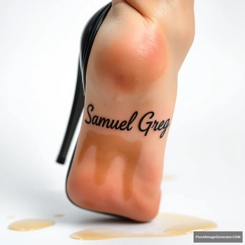 The name "Samuel Greg" on a woman's foot in a black high heel. There is oil all over the foot.