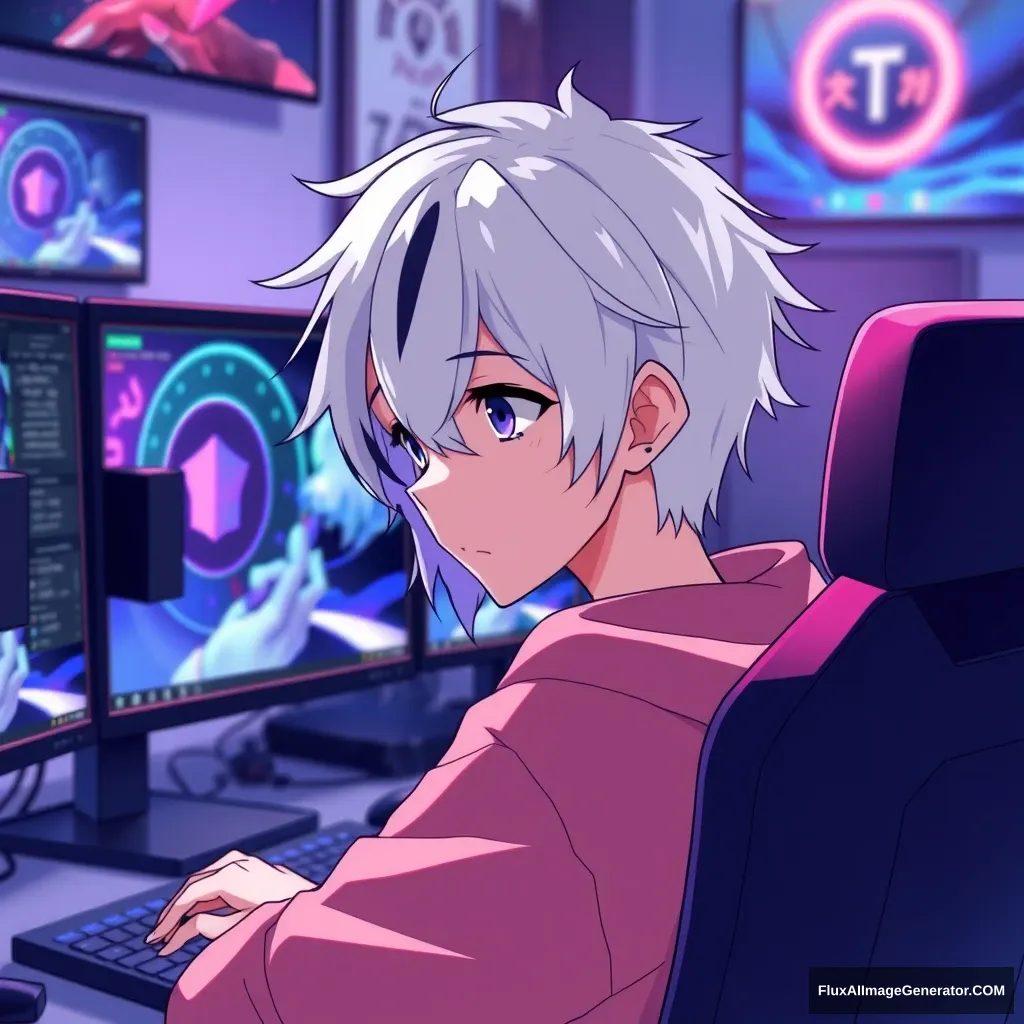 'an anime boy with half white and half black hair looking at his monitors in his streaming setup'