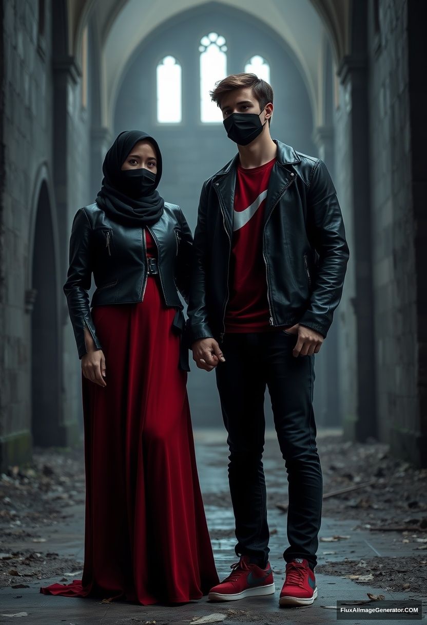 A big black hijab girl, beautiful eyes, black face mask, black leather jacket, the longest biggest red dress, not tall, standing near him and in love, holding his arm,

Jamie Dornan, handsome, young, black face mask, fit and tough body, red Nike t-shirt, black leather jacket, jeans, red sneakers, tall man, standing near her

Hyper realistic, photorealistic, studio photography, Victoria's abandoned castle, gloomy. - Image