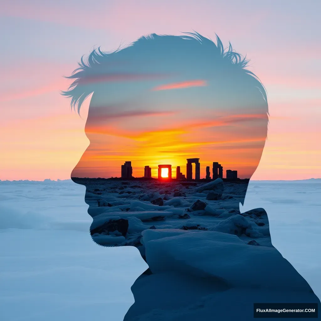 "[Abstract style sunset, icy world, ruins] within the silhouette of a [man]'s head, this is a double exposure photo. Non-figurative, colors and shapes, emotional expression, imaginative, very detailed."