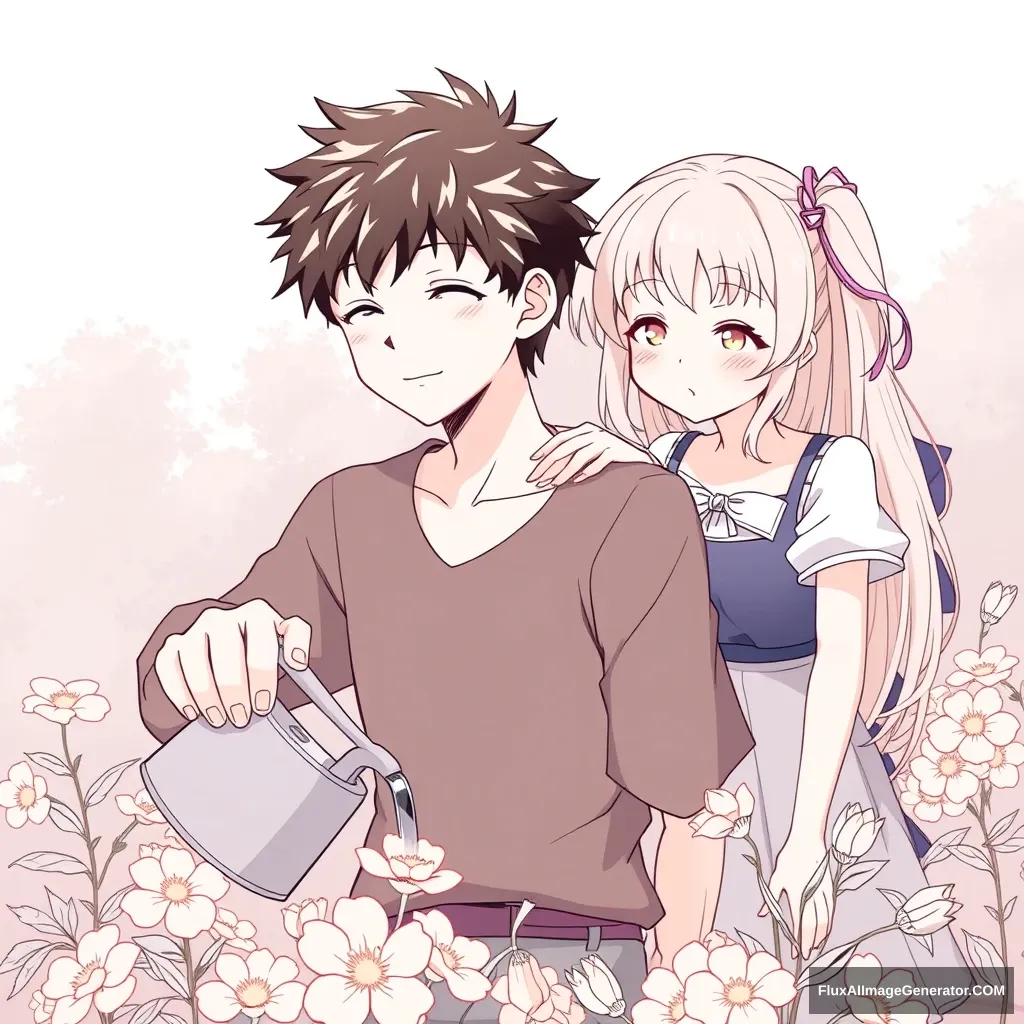 Anime lineart, a handsome boy watering a flower while a girl standing behind touches his shoulder. - Image