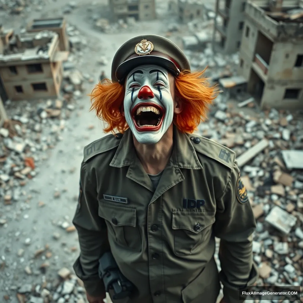 A normal crying clown in an IDF uniform standing in the middle of a destroyed city in ruins laughing hysterically. View from above and from some distance. Hyperreal.