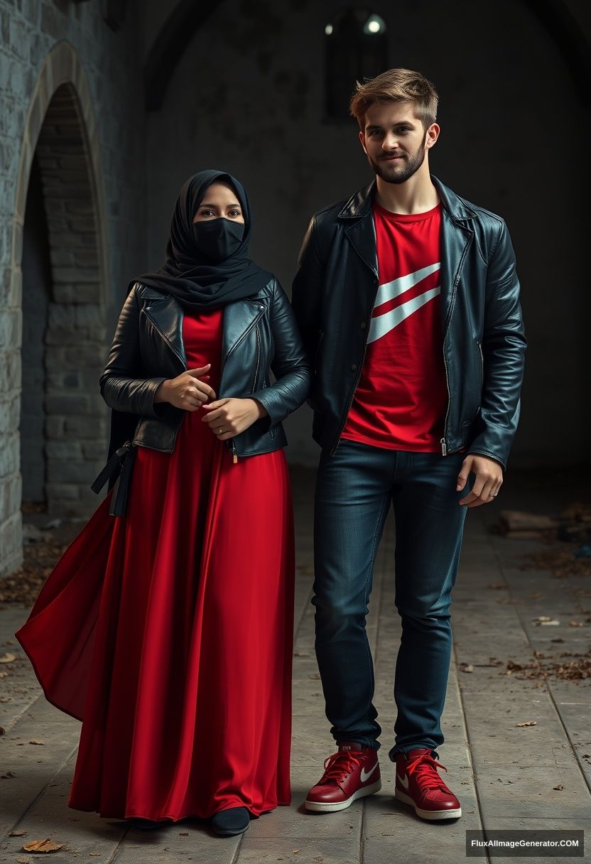 A big black hijab girl with beautiful eyes, a black face mask, and a black leather jacket, wearing the biggest and longest red dress, is not tall, standing near him and in love, holding his arm.

Jamie Dornan, handsome and young, with a black face mask, a fit and tough body, wearing a red Nike t-shirt, a black leather jacket, jeans, and red sneakers, is a tall man, standing near her.

Hyper-realistic, photorealistic studio photography at Victoria's abandoned castle, gloomy.