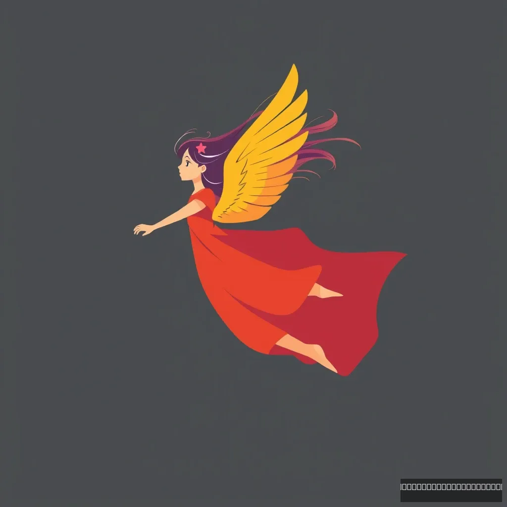 Abstract, minimalist illustration of a girl with wings in flight, dynamic composition, clean lines, vibrant color palette.