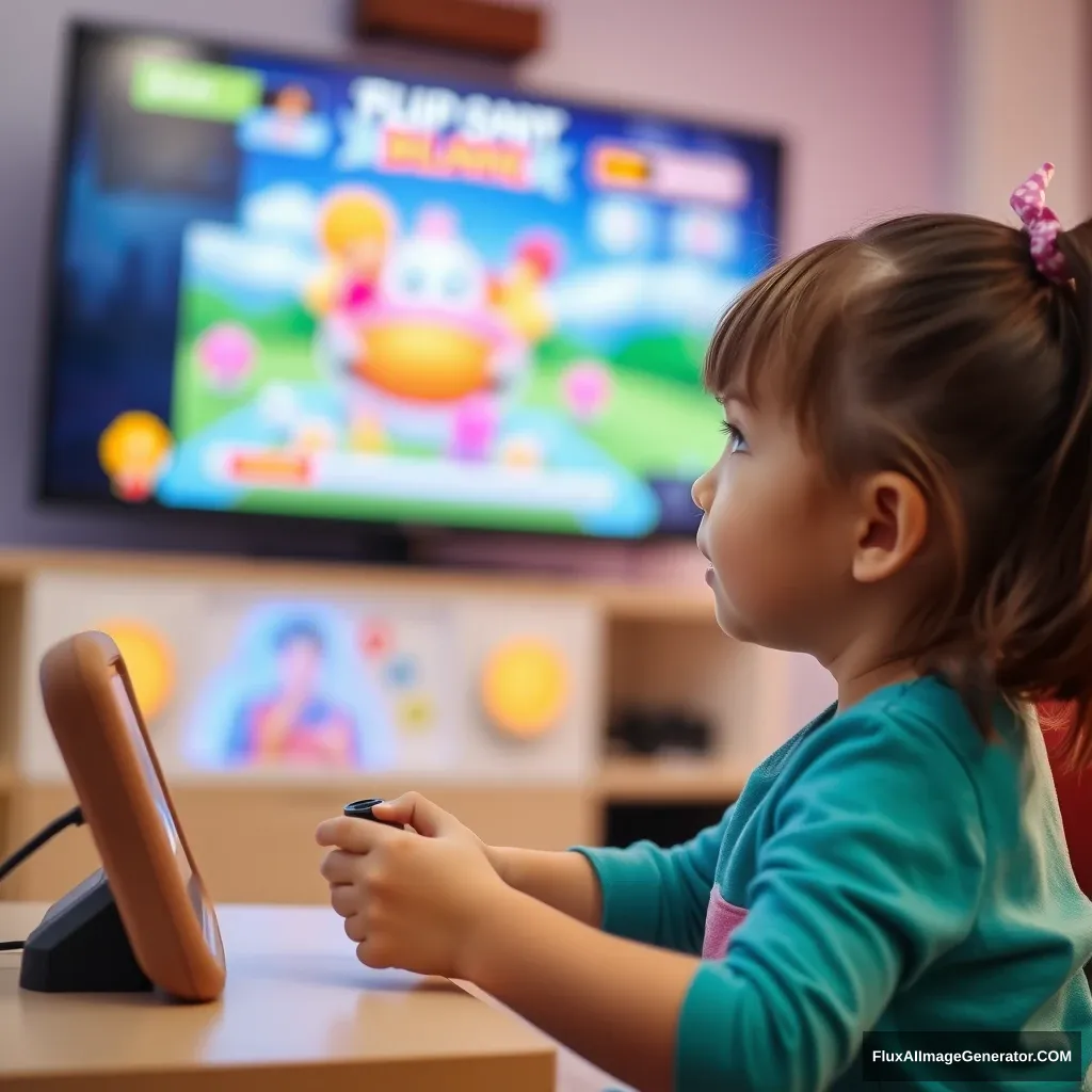 A little girl playing games in front of the screen.