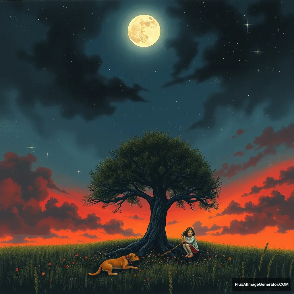 A sky mixed with black, gray, blue, and red has a bright moon, and the small points of stars fill the entire starry sky. On the ground, there is a big tree surrounded by flowers and grass. A little girl is squatting next to the tree playing, while a dog rests quietly beside her.