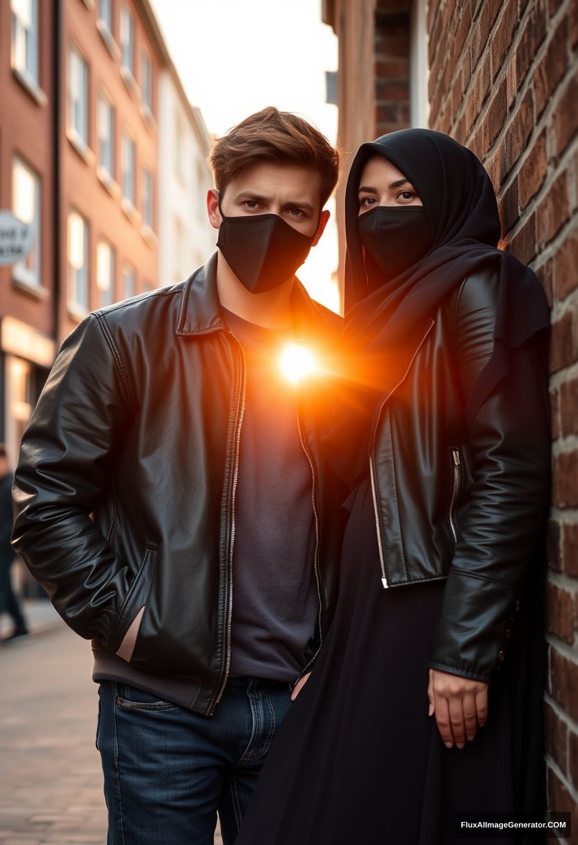 Jamie Dornan, handsome, young, wearing a black face mask, a collage jacket, and jeans, dating a beautiful Muslim girl in the biggest black hijab with beautiful eyes, also wearing a black face mask, a black leather jacket, and the biggest skirt, standing and lying against a brick wall in town during the morning scenery at sunrise, photorealistic, street photography. - Image