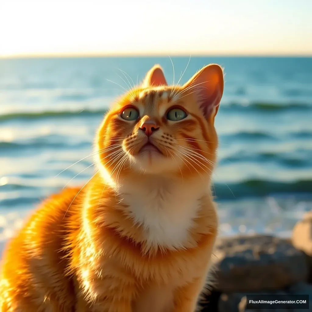 "A golden shaded cat by the seaside, watching the sunrise."