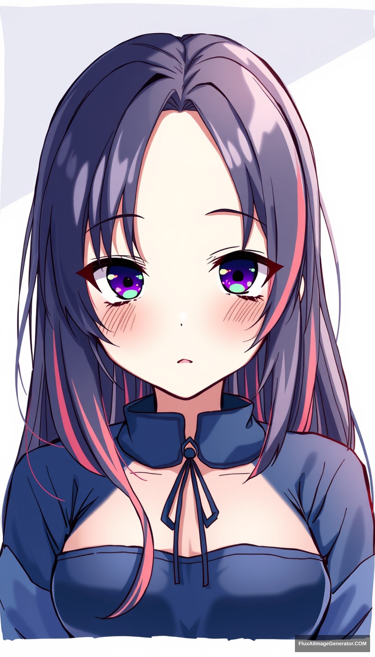 A teenage girl has captivated many with her striking appearance. Wearing a dark blue color with vibrant highlights, anime style is important. Drawing from the chest up. Framed background.