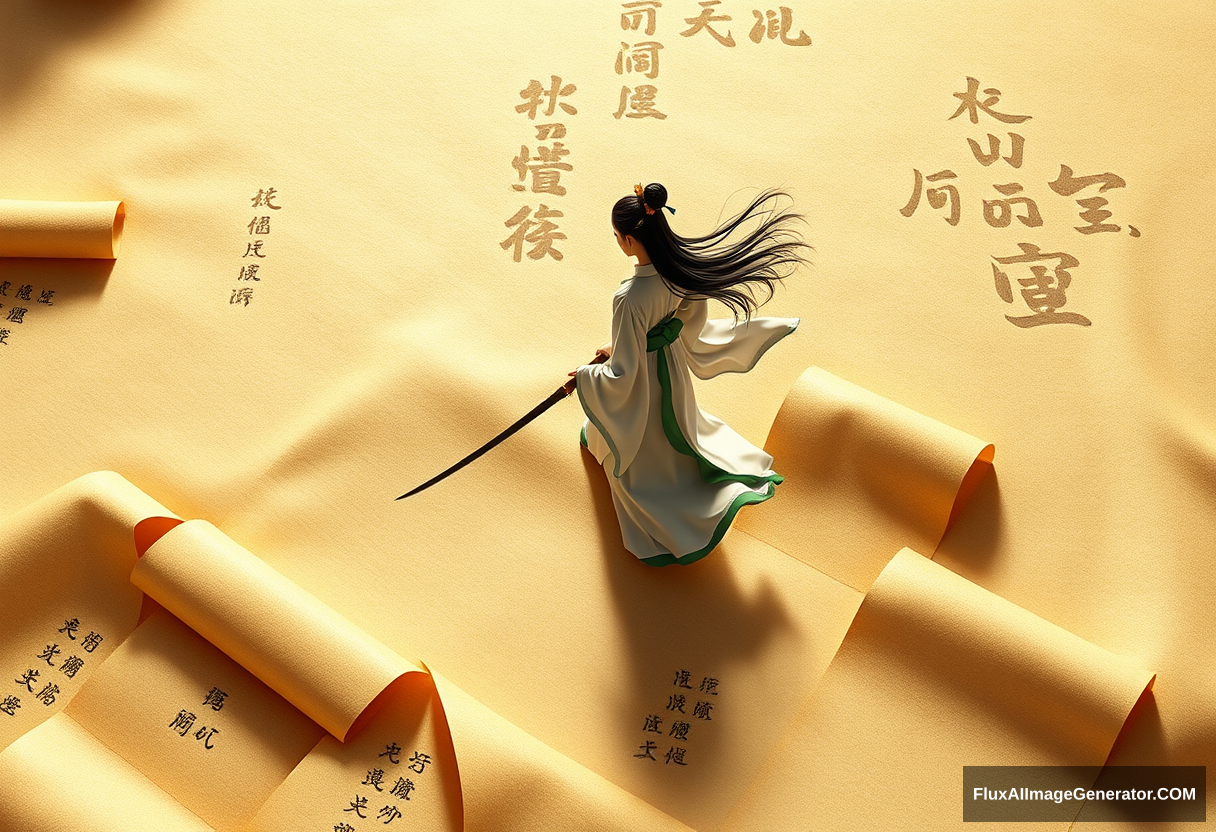 Drone perspective. A small ancient Chinese young woman walks on a number of undulating scrolls covered with calligraphy characters. She carries a long sword, wears a flowing soft silk Hanfu, and her long hair moves in the wind. 3D rendered Chinese ink painting scene. Pale gold and emerald. Top view, epic scale of the scene. Light and shadow are distinct, and subtle stars float in the air, creating a dreamlike surreal atmosphere. Ultra-high resolution, the overall composition is very artistic and spatial sense. Fine brushwork, soft flow, history painting, 3D rendering.