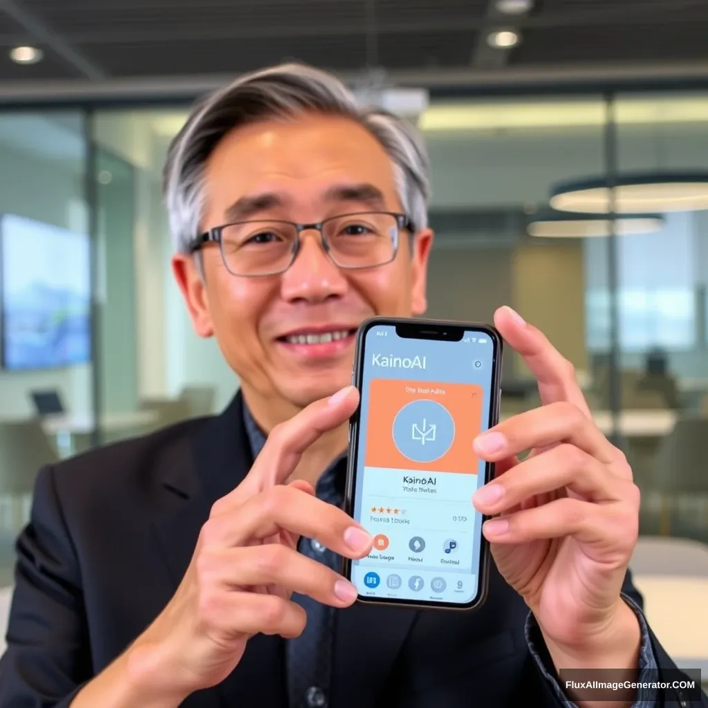 Singapore PM "Lee Hsien Loong" holds a phone and the phone screen shows the KainoAI app, with the background at the OpenAI office. - Image