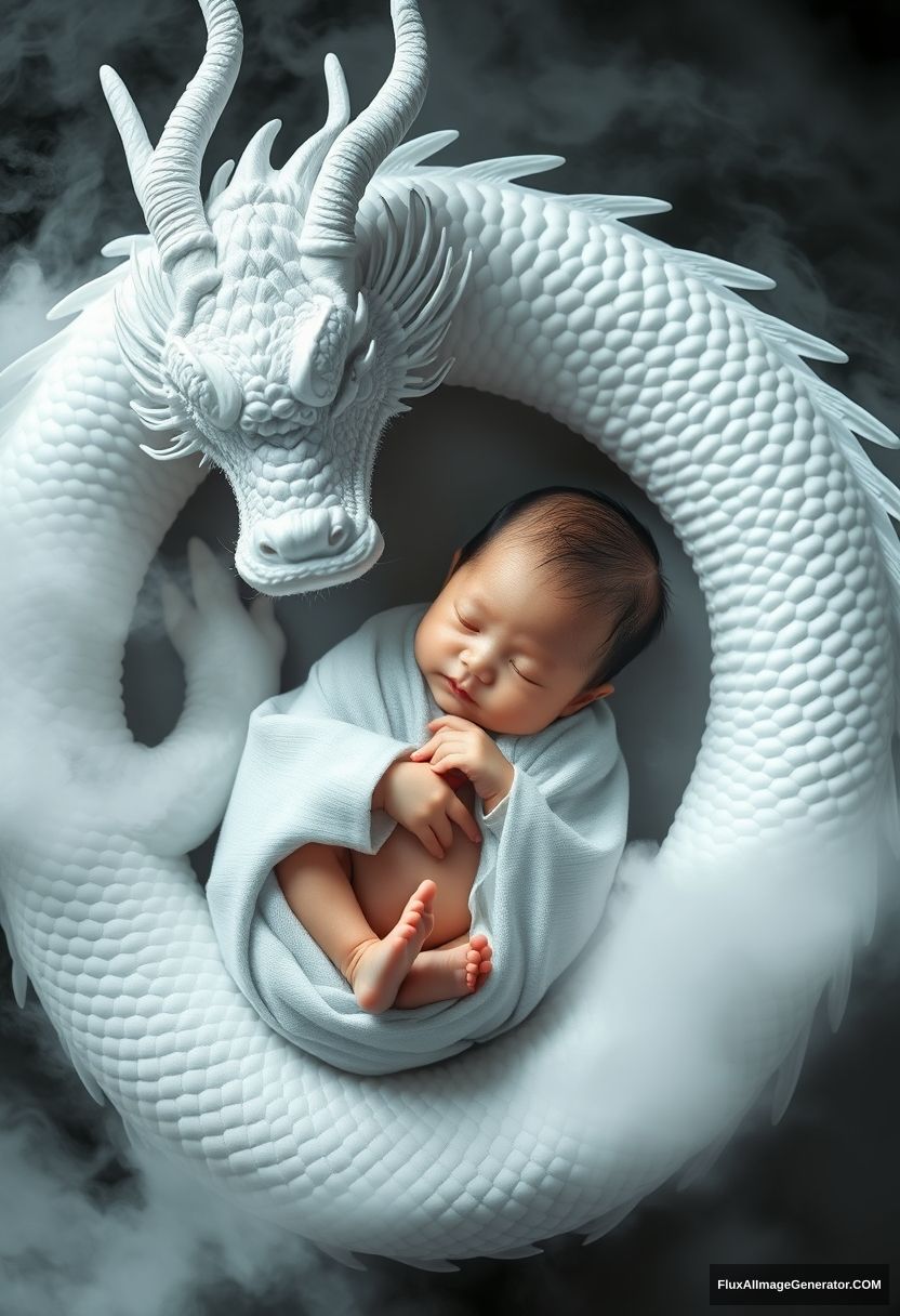 A one-month-old Chinese baby swaddled in white fabric lies in the embrace of a white Eastern dragon, which surrounds him. The dragon's details are realistic, with scales, dorsal fins, and fur, shrouded in mist and cloud, creating an ethereal atmosphere. The baby's skin is fair and delicate. A high-quality, realistic photo, a masterpiece, in panoramic view. - Image