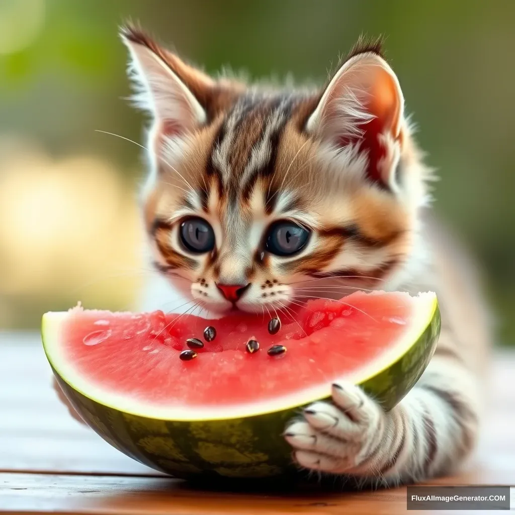 The cute little cat is eating watermelon.