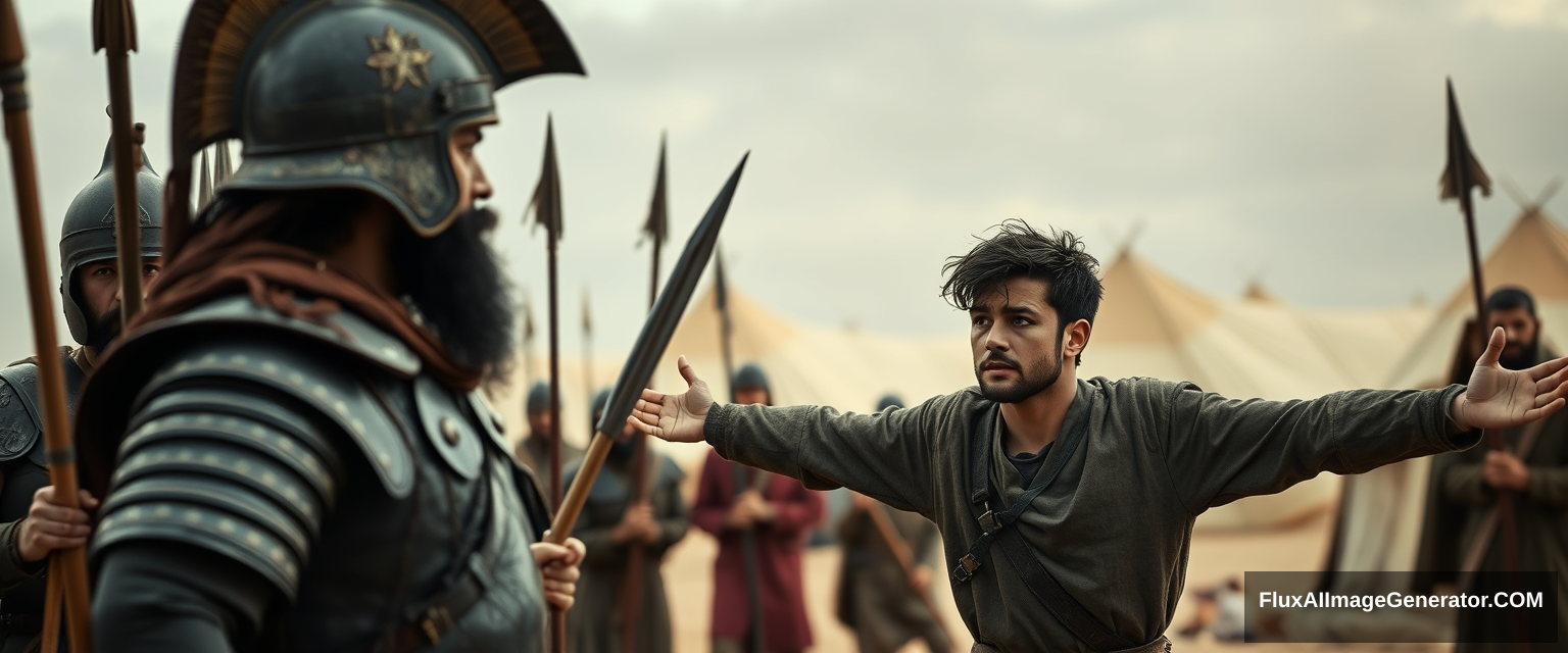 Create an image of two men standing apart and facing off, with a group of four soldiers holding spears gathering closely behind the man on the left. The man on the right is a young man with his arms stretched out to the sides, looking shocked. He has dark, messy, unkempt hair and a beard, and is dressed in a simple biblical-era shepherd's tunic, looking sternly at the eye of the man on the left. The other man appears middle-aged, has a Jewish black beard, and is wearing a full suit of biblical-era leather armor along with a conical helmet with a pointed tip. The overall mood of the image conveys anxiety and concern. The background features a blurred ancient biblical Jewish army camp with desert Arabic tents. The overall atmosphere is intense and cinematic. - Image