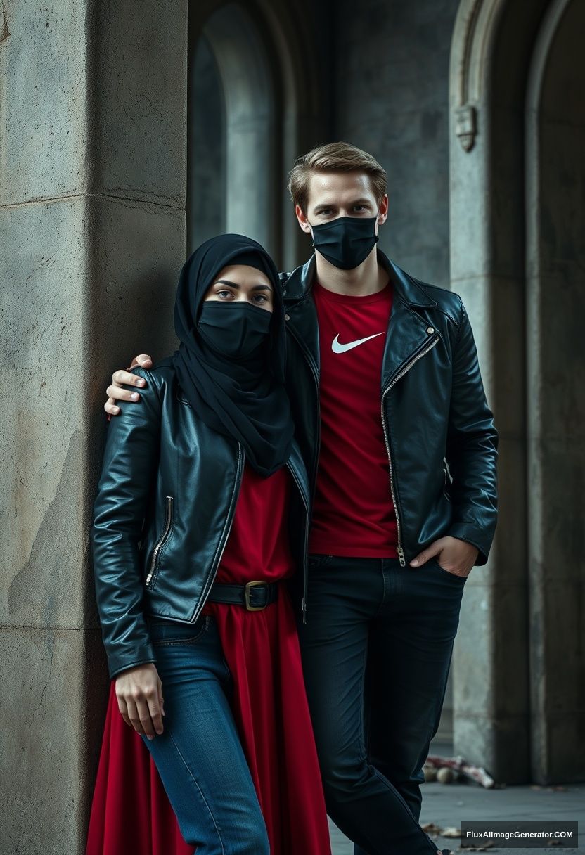 A big black hijab girl, beautiful eyes, black face mask, black leather jacket, the biggest red longest dress, not tall,

Jamie Dornan, handsome, black face mask, fit and tough body, Nike red t-shirt, black leather jacket, jeans, tall man, leaning against the wall together

Hyper-realistic, photorealistic, studio photography, Victoria's abandoned castle, gloomy, darkness.