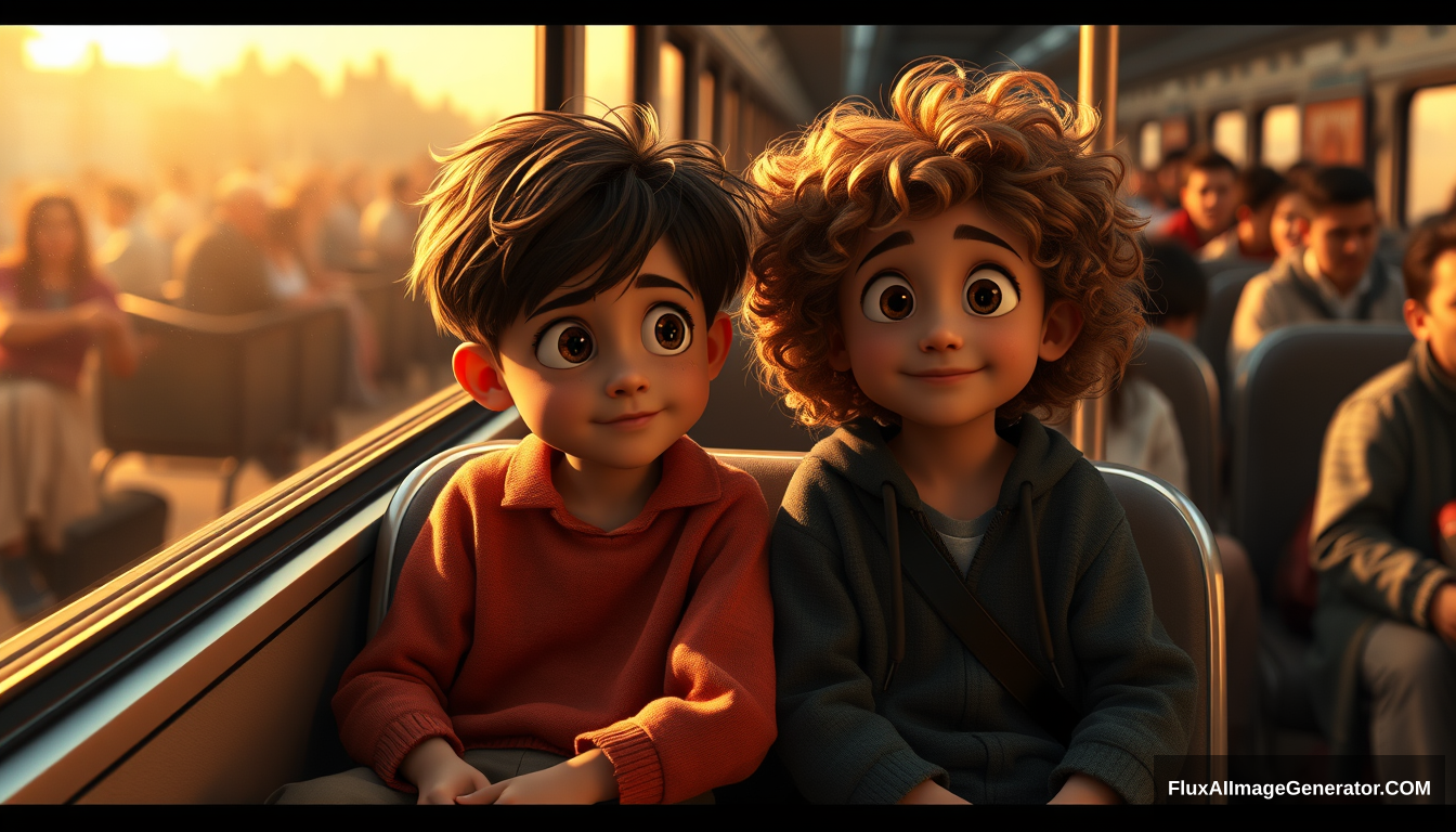 (1 boy and girl), sitting, train, curly hair, golden hours, high quality, aerial view, people, crowd, ((focus on girl and boy)), Pixar style  
BREAK  
looking at viewer