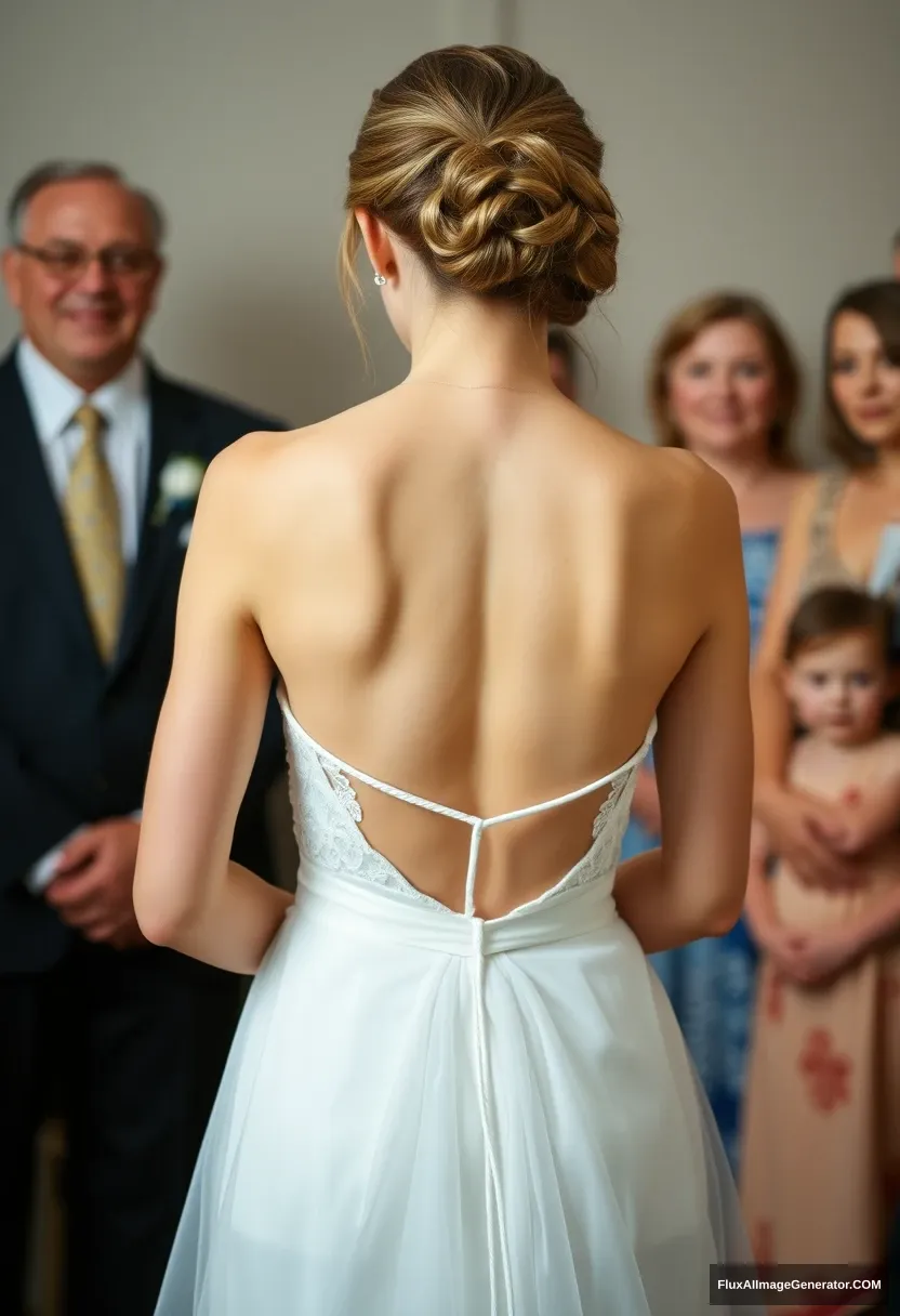 A young woman, sensitive, delicate, ashamed, wearing a backless strapless low-waisted wedding dress, in front of family. - Image