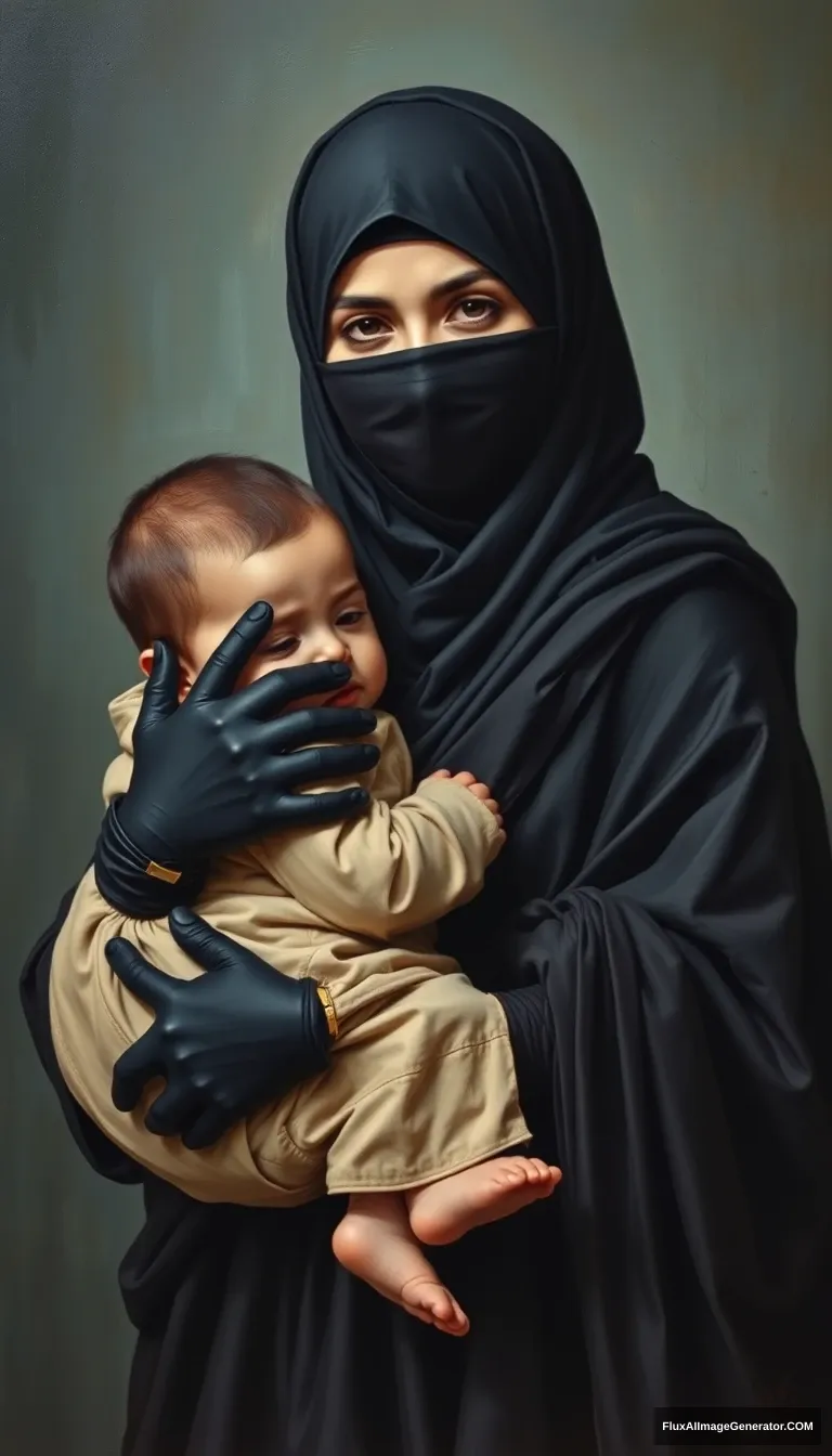 A pious woman is holding a baby boy. Wearing black gloves and a niqab, Maryam is a very devout woman, dressed in a black sarong with her neck covered by a perfect hijab. Realistic, full body, oil painting.