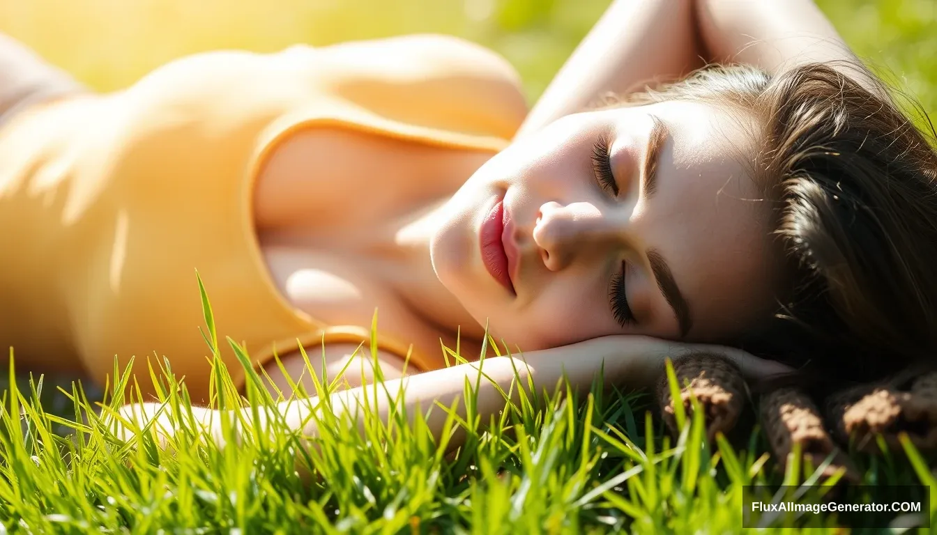 A young woman sleeping, sunbathing on the grass. - Image