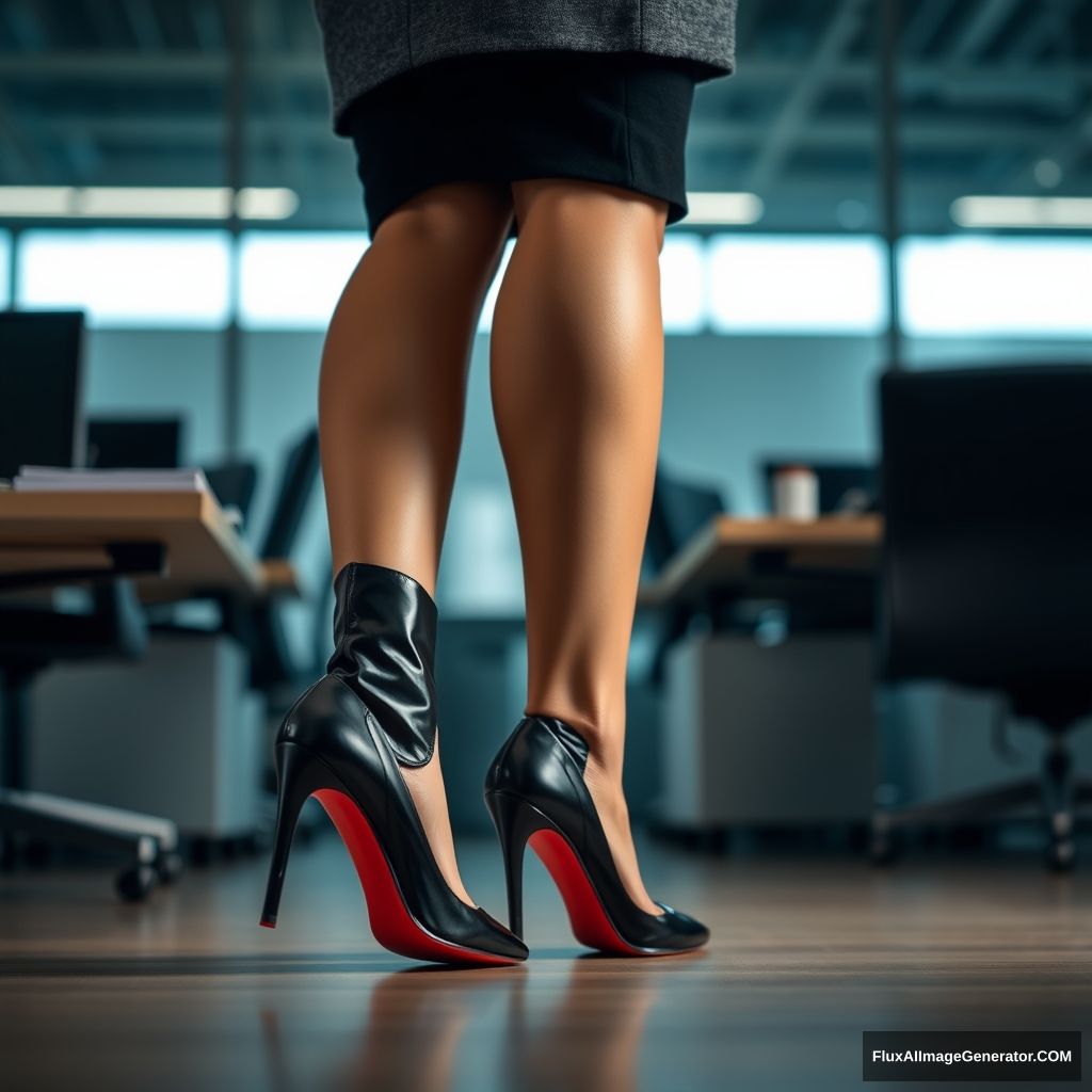 A woman working in the office, indoors, wearing black high heels with red bottoms, and an office skirt. - Image