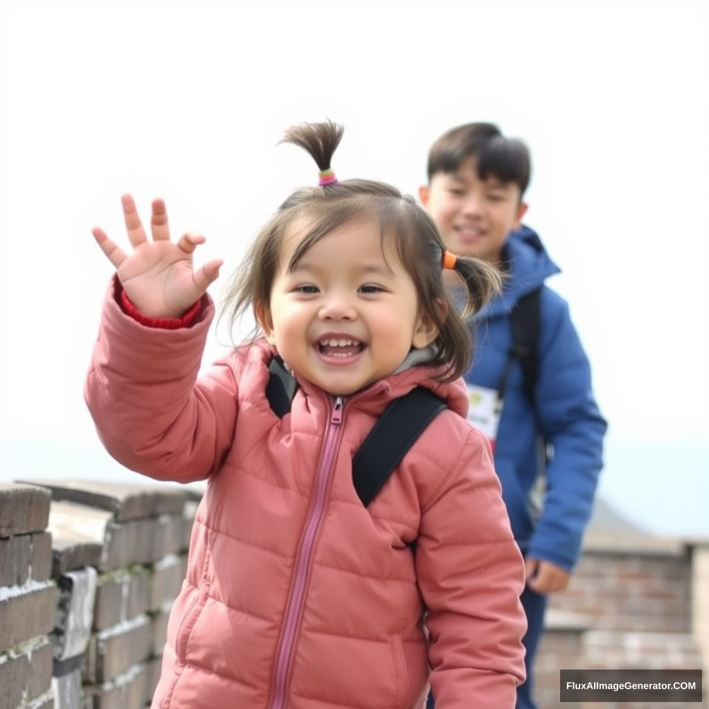 A 2-year-old girl has a fun day on the Great Wall. - Image