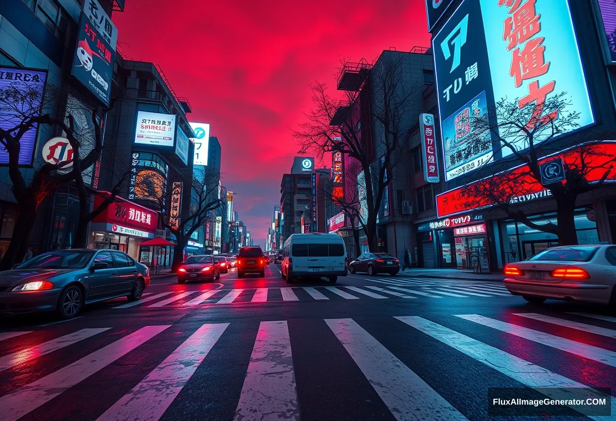 A cyberpunk style video game concept design picture, wide-angle shot, Shibuya Scramble Crossing, Ghostwire Tokyo, night scene, crosswalk line, abandoned vehicles, red lycoris, blue and purple neon lights, savage vines cling to buildings, trees, sky is dyed red.