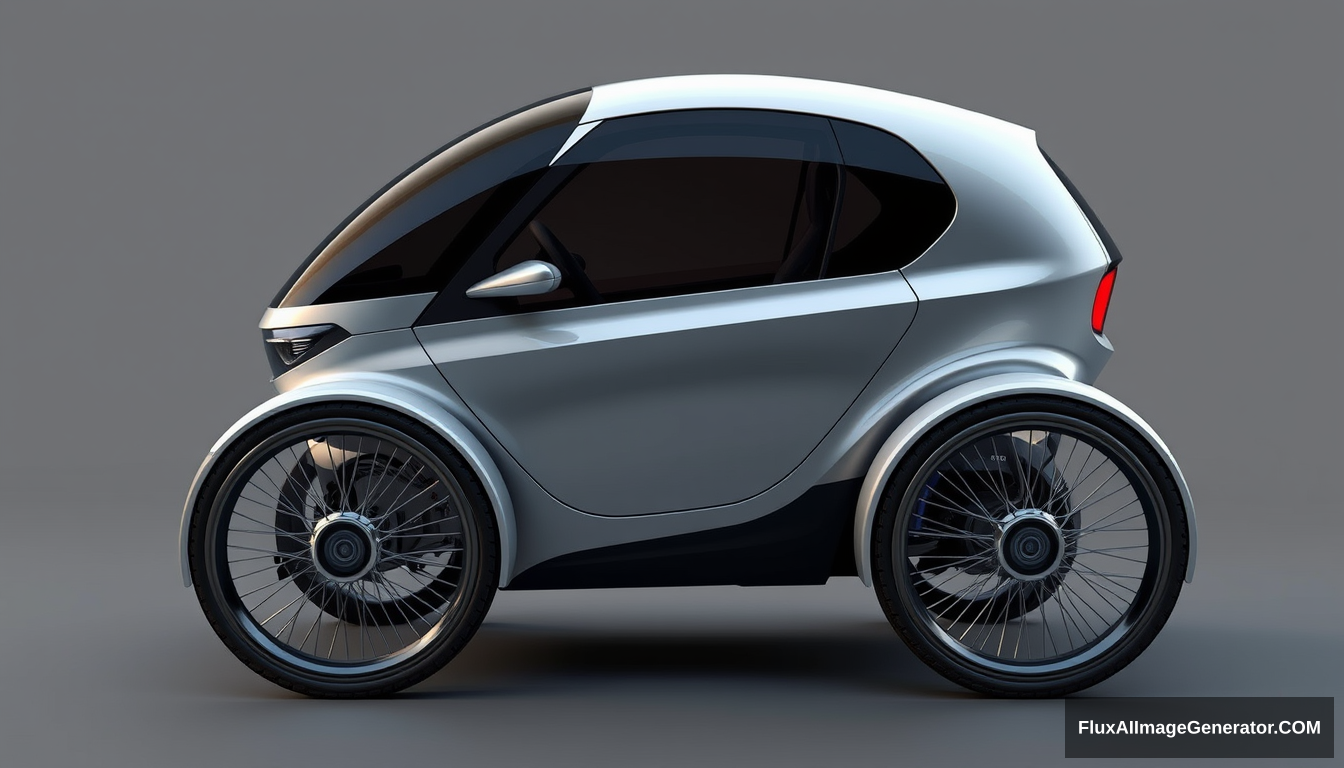 futuristic, 3 wheeled, enclosed, concept car, 2 wheels in front, 1 wheel in back, 4k, wide bicycle wheels, 3' tall, sleek, detailed.