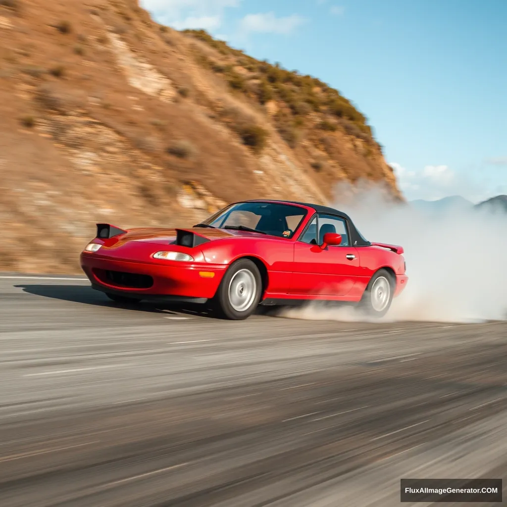 Create an image of a red 1991 Mazda Miata drifting on a Japanese mountain. The headlights of the car are turned off.