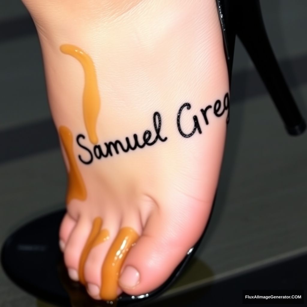 The name "Samuel Greg" on a woman's foot in a black high heel. There is oil all over the foot. - Image